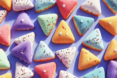 Colorful triangular cookies with sprinkles arranged on a vibrant background for festive occasionsの素材