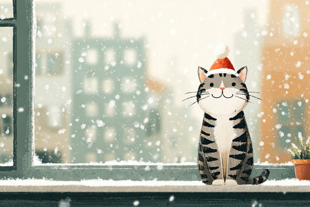 Cute striped cat wearing a Santa hat sitting on a windowsill with snow falling outsideの素材