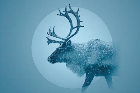 Majestic reindeer walking through snowy landscape with soft blue tones and serene atmosphereの素材