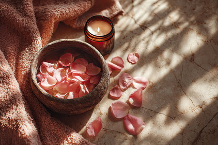 Soft pink rose petals in a rustic bowl beside a lit candle on a textured surface with shadowsの素材
