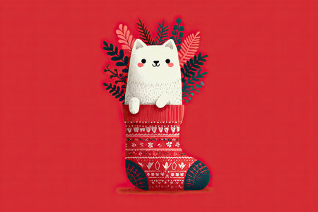 Fluffy white kitten peeking out of a festive red Christmas stocking with decorative foliageの素材