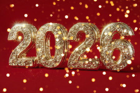 Golden sparkling 2026 numbers with bright red background creating festive atmosphereの素材