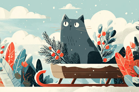 Grey cat sitting in wooden sleigh with pine branches and snowy landscape in a whimsical illustrationの素材