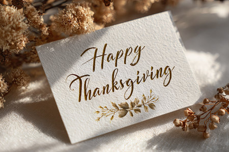 Modern Thanksgiving greeting card with golden calligraphy and floral accents for festive celebrationの素材