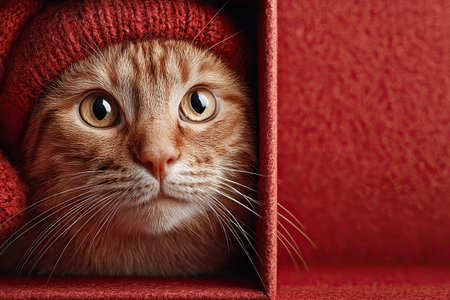 Photorealistic ginger cat in red gift box wearing a cozy Santa hat for festive holiday cheerの素材