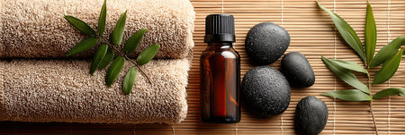 Relaxing spa setting with bamboo mat, towels, hot stones, and olive branches for wellnessの素材