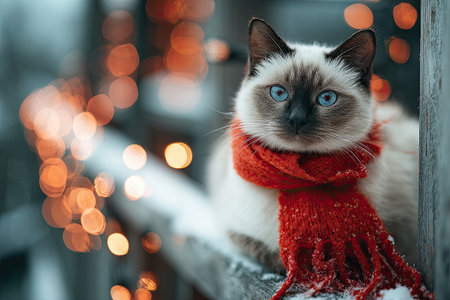 Siamese cat wearing red scarf sitting on snowy balcony with festive bokeh lights in backgroundの素材