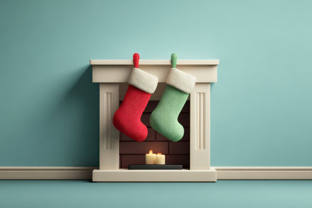Two festive stockings, one red and one green, hang from a charming fireplace, with a warm candle illuminating the sceneの素材
