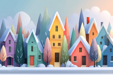 Vibrant winter village scene featuring snow-covered houses and trees, creating a cozy and festive atmosphere in a tranquil environmentの素材