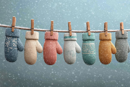Knitted mittens of various colors are displayed on a clothesline, surrounded by falling snowflakes, creating a cozy winter atmosphereの素材