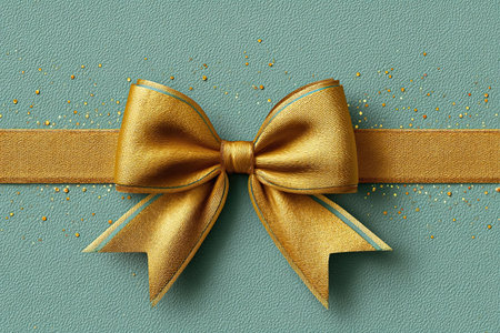 Beautiful golden bow placed on a textured teal backdrop, adorned with sparkling elements, perfect for celebrations and gift wrappingの素材