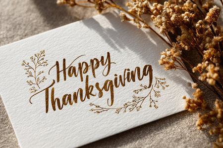 Beautiful Thanksgiving card featuring a handwritten message and delicate floral designs on a textured surface, perfect for seasonal celebrationsの素材