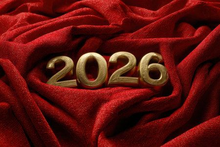Golden digits 2026 are elegantly positioned on plush red fabric, showcasing a vibrant and festive ambiance for celebrationsの素材