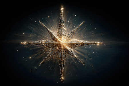 Detailed compass rose illustration featuring golden accents and sparkling effects against a dark backdrop, creating a mystical atmosphereの素材