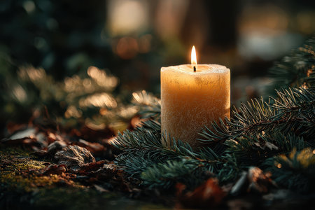 A lit candle rests among lush evergreen branches and scattered leaves, evoking a tranquil ambiance in natureの素材