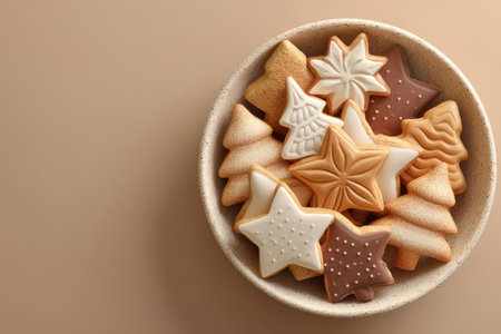A bowl filled with beautifully decorated holiday cookies in various shapes, showcasing textures and colors for festive occasionsの素材