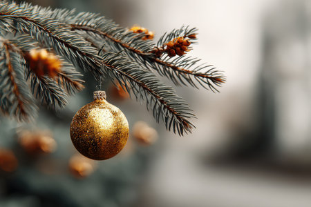 Shiny golden ornament is suspended from a pine branch, surrounded by soft-focus holiday decorations and greeneryの素材