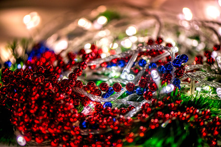 Abstract, blurry, vibrant and colorful background. A shot of Christmas decorations and lights on a...