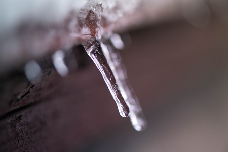 Winter is coming, First snow. A late autumn in the garden. A macro shot of melting icicle on the roof.の写真素材