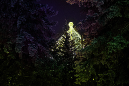 Big, abstract Christmas tree made from glowing lights hiding in forest. Christmas market in city centerの写真素材