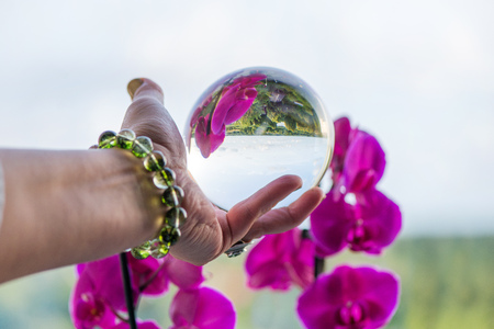 Woman's hand with gemstone bracelet holding large crystal ball with world and orchid flower...