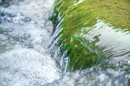 Small mountain waterfall on the rocks covered with moss deep in the forest. Cliffs in Cheile Turzii,...