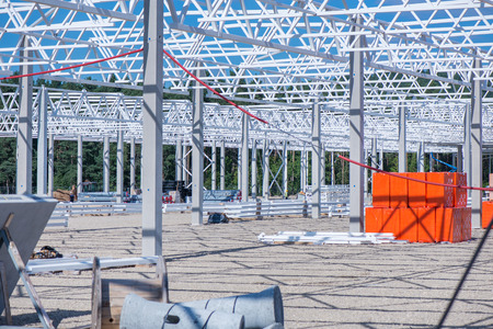 Industrial construction site of new commercial shopping mall. Reinforced concrete piles foundation...