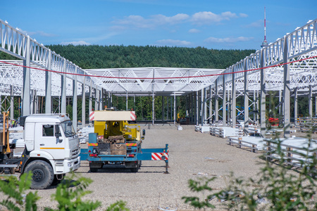 Industrial construction site of new commercial shopping mall. Reinforced concrete piles foundation...