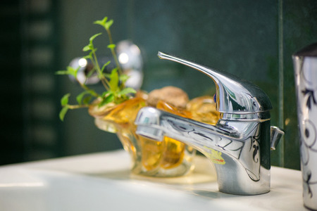 Modern tiled bathroom basin faucet with fresh plants designed for eco style homes. Basil, oregano...