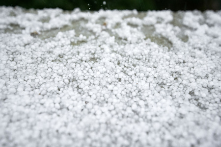 Freezing granulated hail ice crystals, grains in hands after strong hailstorm in autumn, fall. First snow in early winter. Cold weather.の写真素材