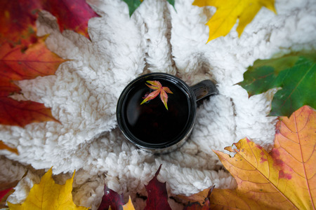 Colorful autumn background. Cup or mug of hot red fruit tea with smoke in cosy room. Fluffy blanket, yarn and leaves creating an inviting, warm atmosphere at home.の写真素材