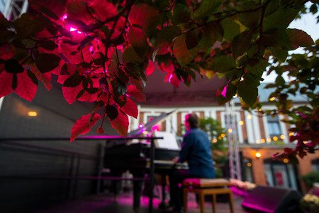 Male musician on stage playing piano. Crowded venue. Audience enjoying romantic and relaxing evening.の写真素材