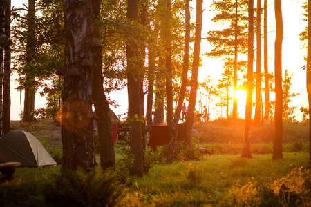 Camping on the beach during the sunset with silhouettes of young people, tents and forest trees. Picnic and barbecue party outdoors. Friends having fun. Concept of relaxation, holidays and recreationの写真素材