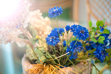 Dried blue flowers and wheat, wicker chairs in dining room with big glass table and decorations. Cozy, vintage, rustic atmosphere at home. Concept of waiting dinner time. Bright sunlight from windows.の写真素材