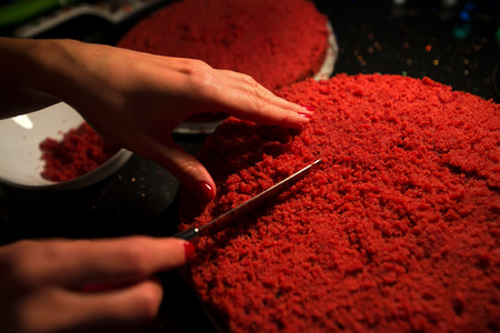 Cutting biscuits. Woman is cooking in kitchen, baking a red velvet cake. Taking out or putting a biscuit tray filled with dough in oven. Delicious, homemade dessertの写真素材