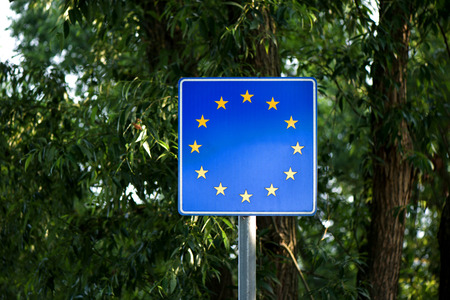Empty border sign. Space for text. Concept of crossing borders, traveling and entering European Unionの写真素材