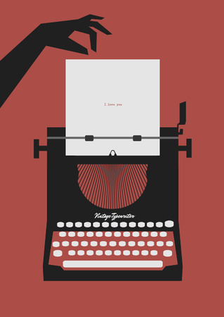 Old typewriter and hand. Vector illustration on a red background. Retro styleのイラスト素材