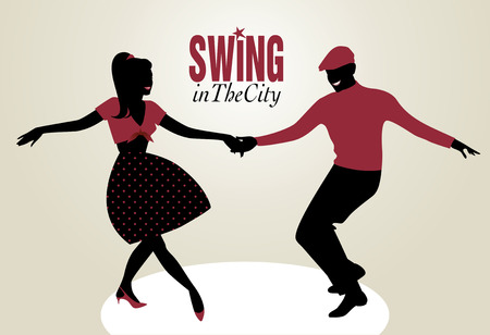 Handsome man and pin-up girl dancing swingのイラスト素材