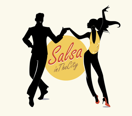 Salsa in the City Tropical: Handsome man and beautiful girl dancing latin musicのイラスト素材