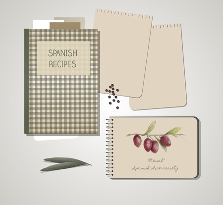 Recipes notebook and olives hand drawn with ingredients.のイラスト素材