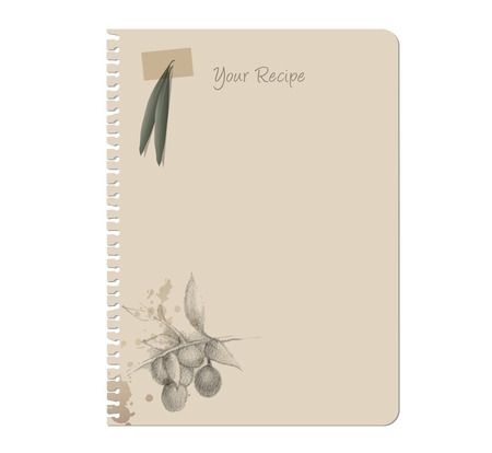 Recipes notebook and olives and olive leaves hand drawn.のイラスト素材