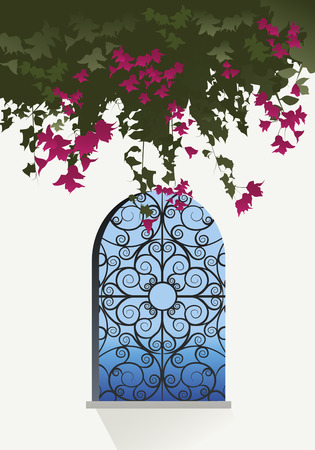 Bougainvillea flowers. Sea view through a window with decorated grilleのイラスト素材