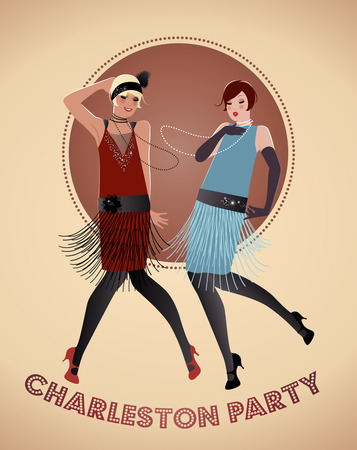 Two flappers girls dancing Charleston. Vector Illustrationのイラスト素材