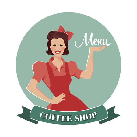 Beautiful waitress presenting the coffee shop menu.のイラスト素材