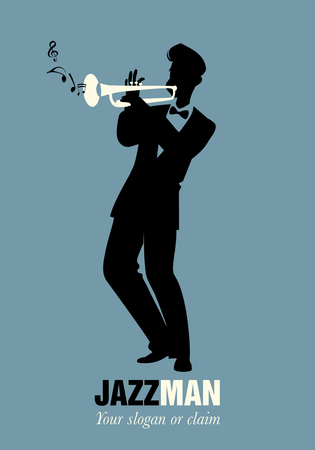 Retro cartoon music. Trumpeter playing a song. Musical noteのイラスト素材