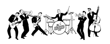 Jazz Swing Orchestra. Retro style. Cartoon vector illustration. 50's or 60's style musiciansのイラスト素材