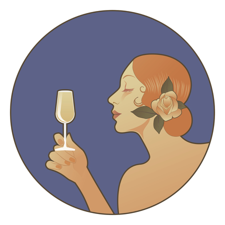 Spanish woman holding a glass of white wine. Vector illustration. Good for labels or packaging. Space for textのイラスト素材
