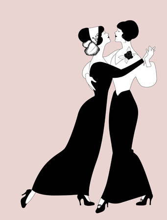 Two women dancing together and wearing 19th century clothes. Queer dancingのイラスト素材