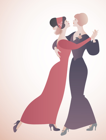 Two women dancing together and wearing 19th century clothes. Queer dancingのイラスト素材