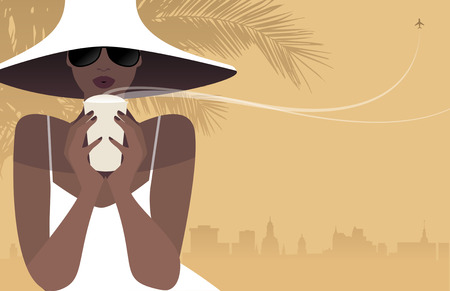 Beautiful girl having a coffee under the palm trees and the city in the background. Vector Illustration.のイラスト素材